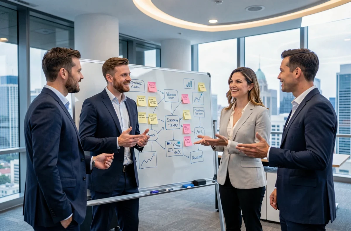 Équipe de consultants Accenture en session de stratégie technologique et d'innovation dans un bureau moderne