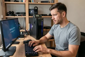 Homme frustré tentant d'accéder au BIOS AORUS en appuyant sur la touche Delete au démarrage de son PC gaming