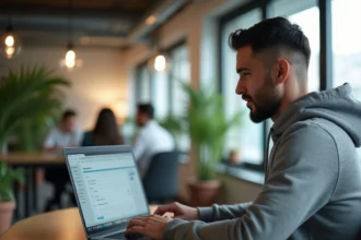 Homme accédant à l'interface Freebox depuis un ordinateur portable dans un bureau moderne