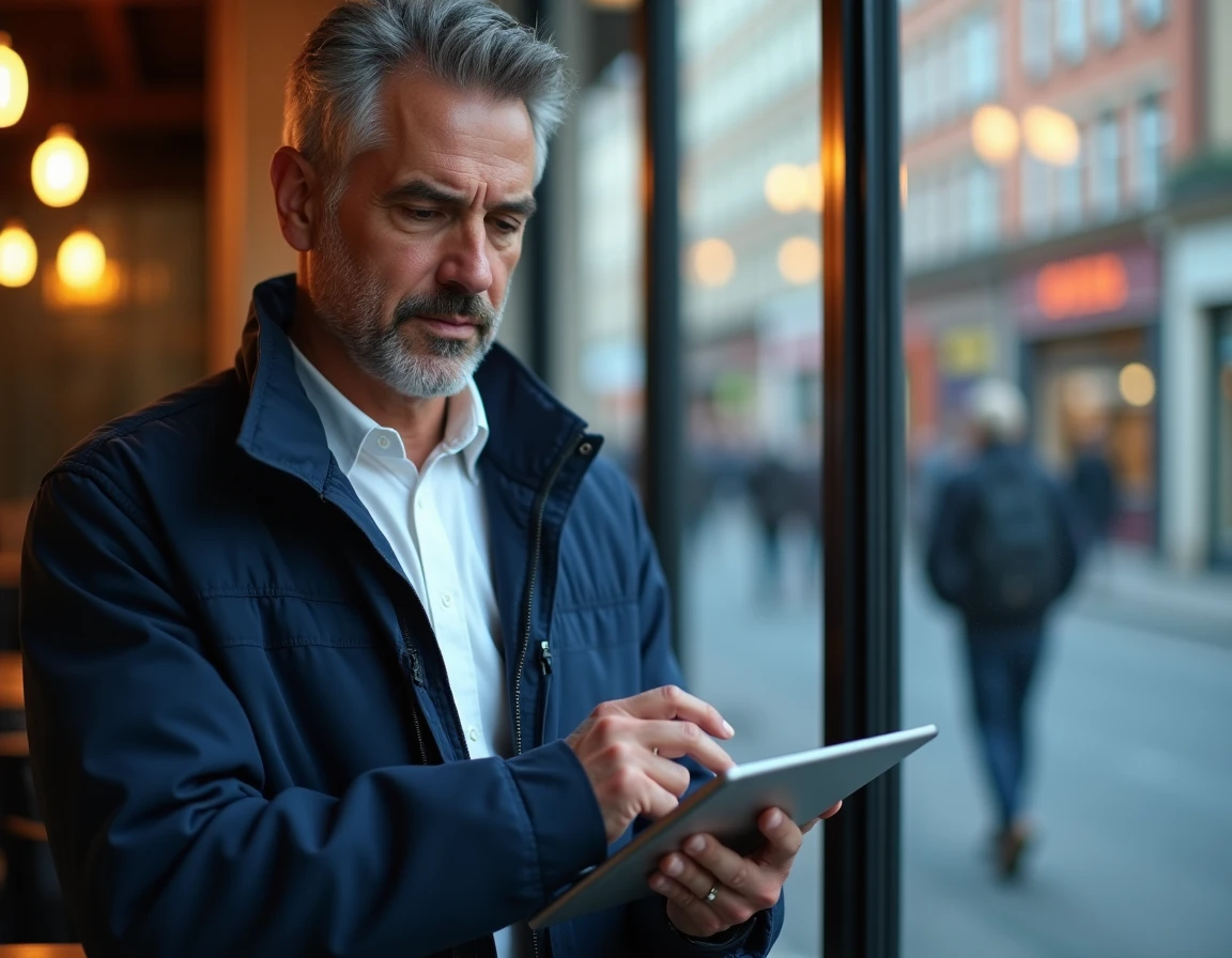 Homme utilisant une tablette avec VPN pour accéder à sa Freebox depuis un café en ville
