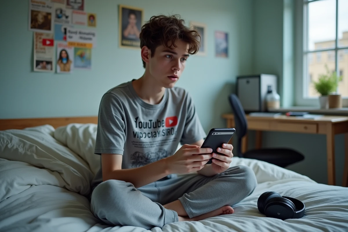Adolescent utilisant un convertisseur YouTube vers MP3 sur smartphone dans sa chambre