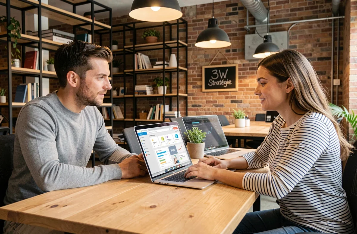 Équipe de l'agence 3W Stratégie collaborant sur une campagne marketing Shopify dans un espace de coworking bordelais