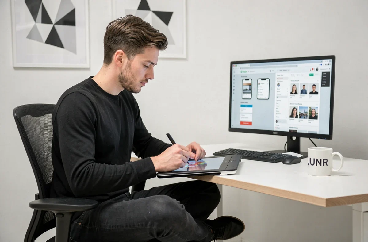 Designer de l'agence JUNR créant des composants UI pour une application mobile Shopify dans un studio minimaliste