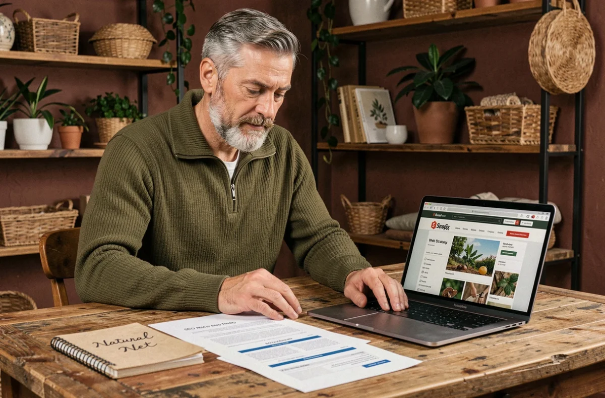 Expert de l'agence Natural Net examinant des rapports de stratégie web pour un site Shopify éco-responsable