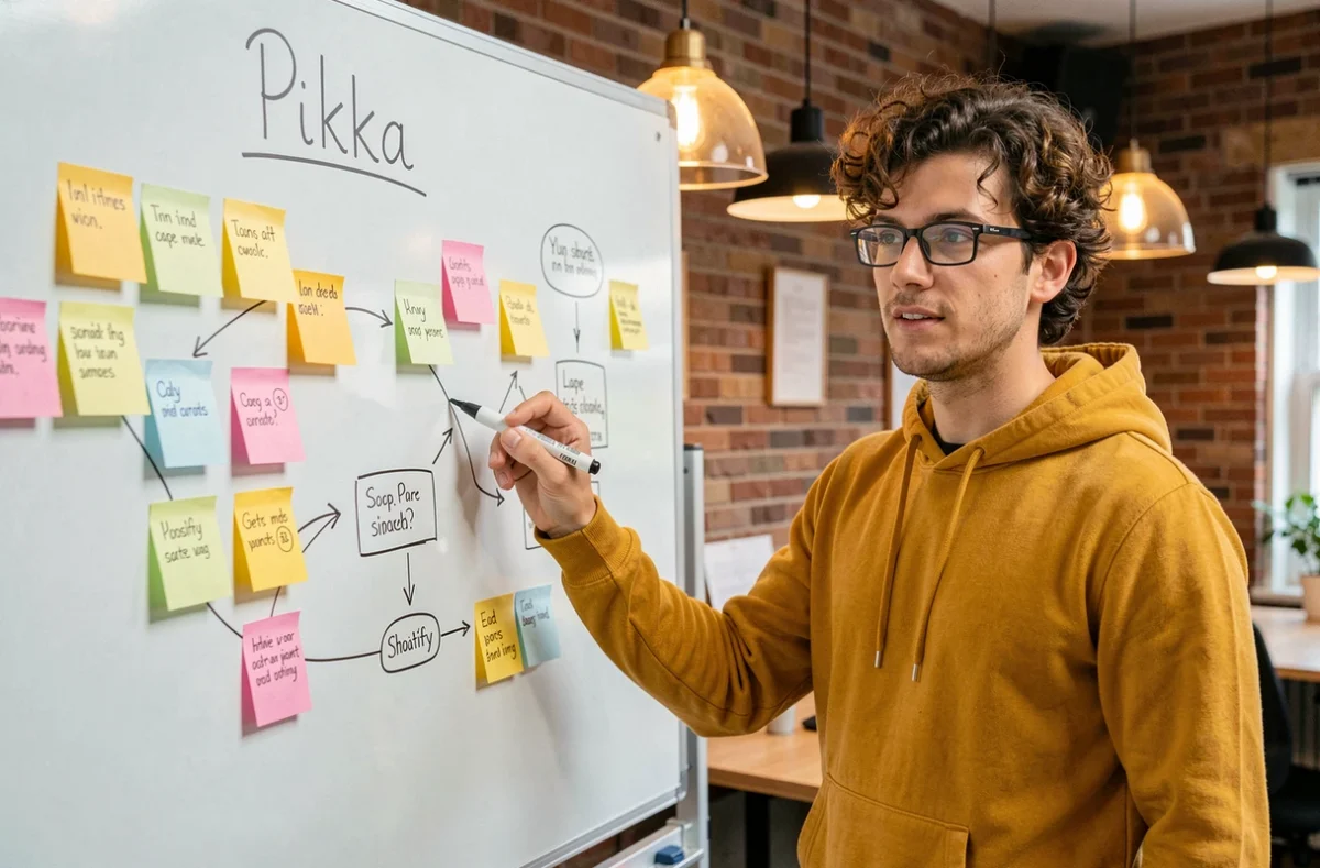 Consultant de l'agence Pikka présentant une stratégie e-commerce Shopify sur un tableau blanc à Bordeaux