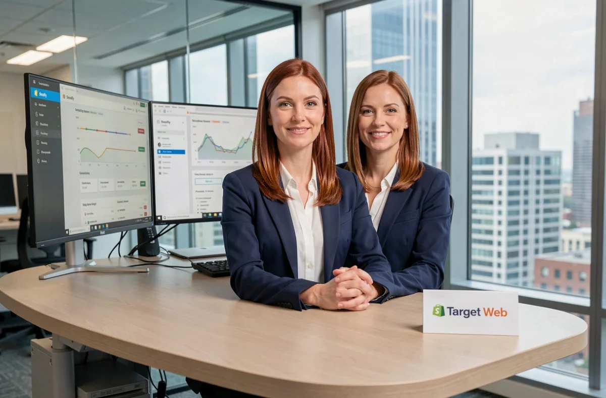 Consultante de l'agence Target Web analysant des données Shopify sur des écrans doubles à Bordeaux