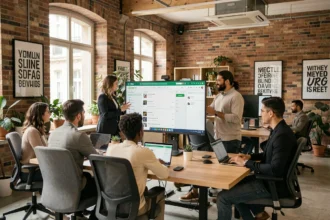 Équipe d'une agence digitale en Gironde travaillant sur des projets Shopify dans un espace de travail moderne