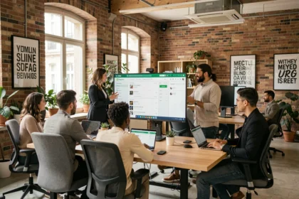 Équipe d'une agence digitale en Gironde travaillant sur des projets Shopify dans un espace de travail moderne