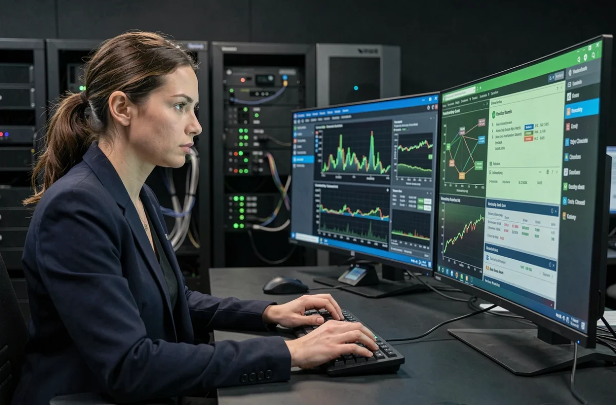 Analyste en cybersécurité d'Algosecure examinant des résultats d'audit de sécurité informatique dans ses bureaux à Marseille