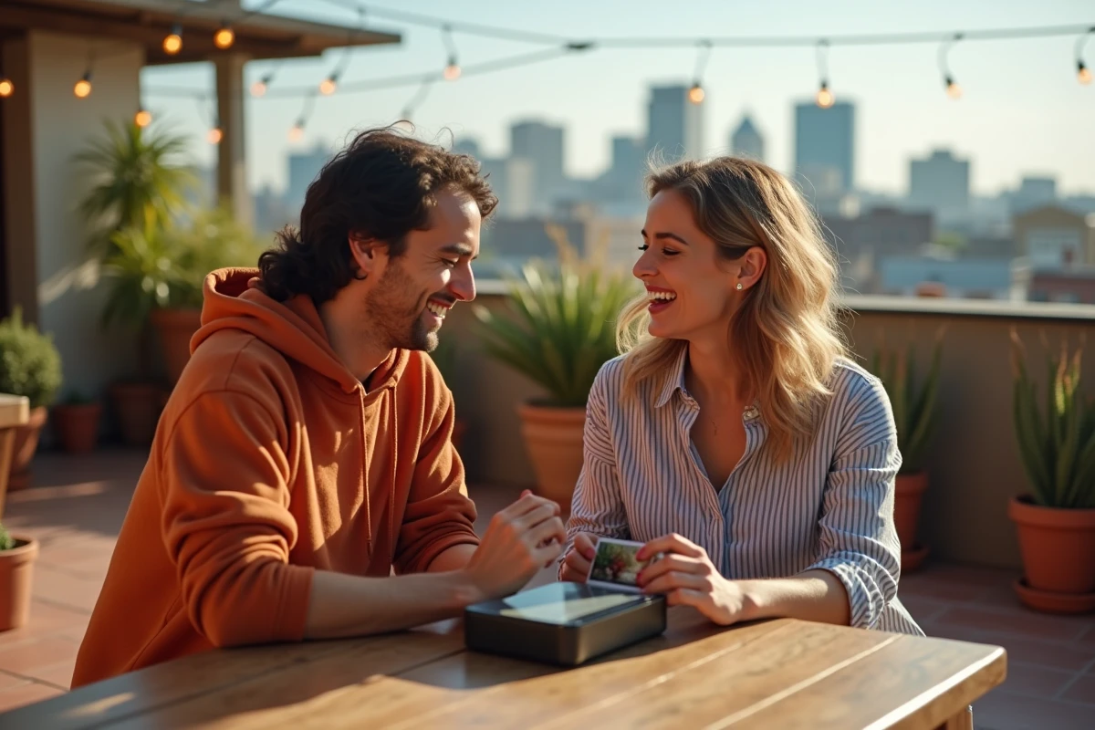 Deux amis partageant des photos imprimées avec une mini imprimante portable sur une terrasse urbaine