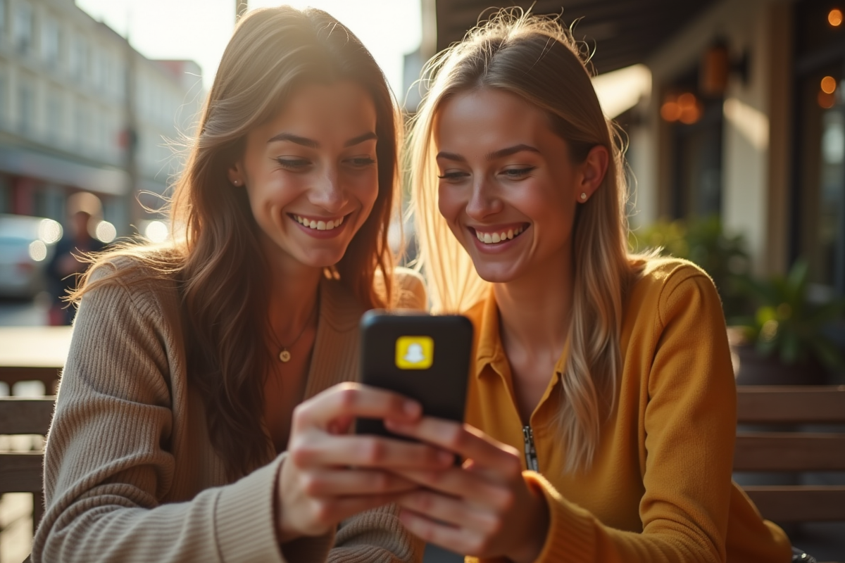 Deux amis souriants regardant un smartphone avec un emoji cœur jaune