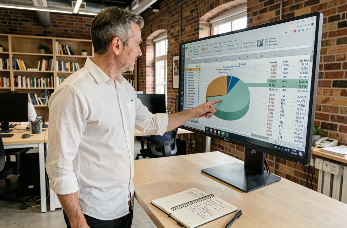 Homme analysant des données Excel pour construire un diagramme circulaire dans un espace de coworking