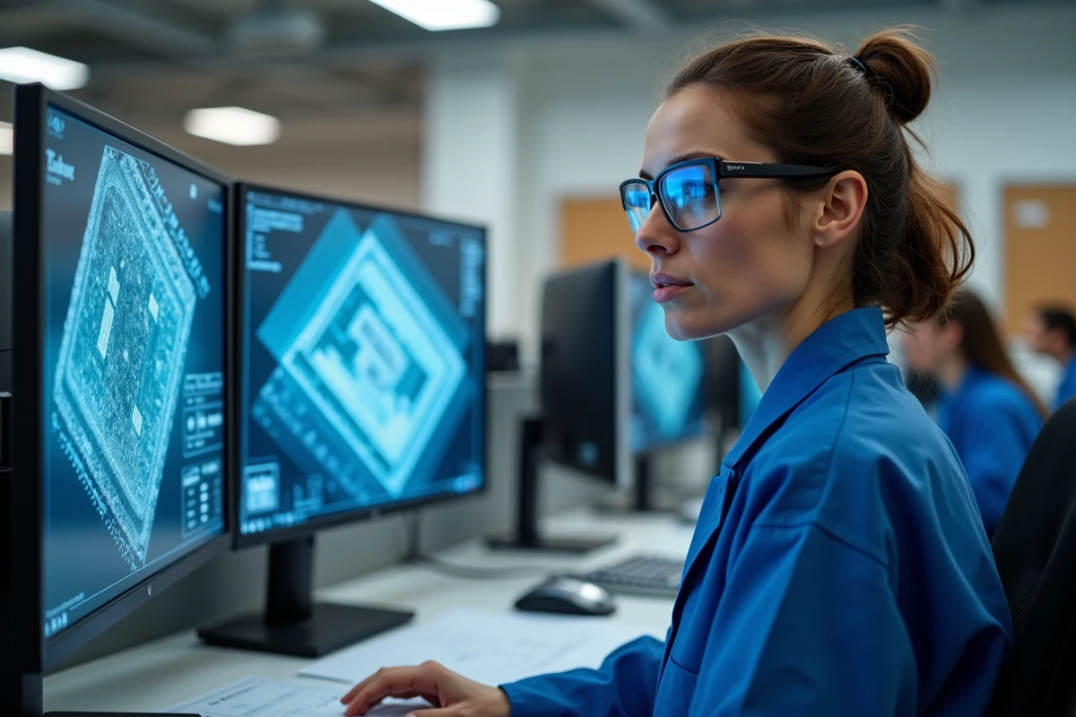 Ingénieure qualité analysant des rapports de défaillance sur les structures under bump metal devant des écrans d'analyse dans un bureau de contrôle qualité semi-conducteur