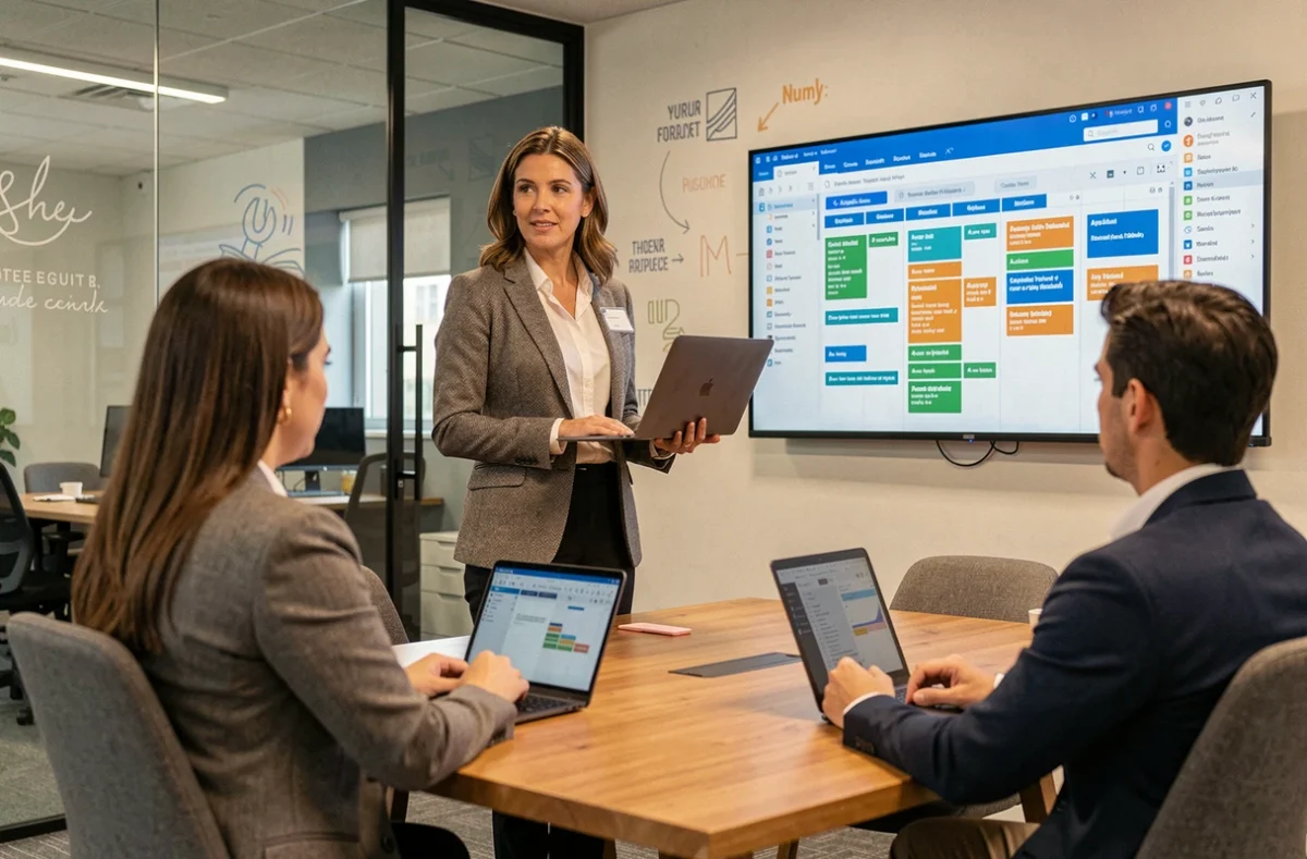 Chef de projet Apside animant une réunion agile avec son équipe dans une salle moderne à Lyon