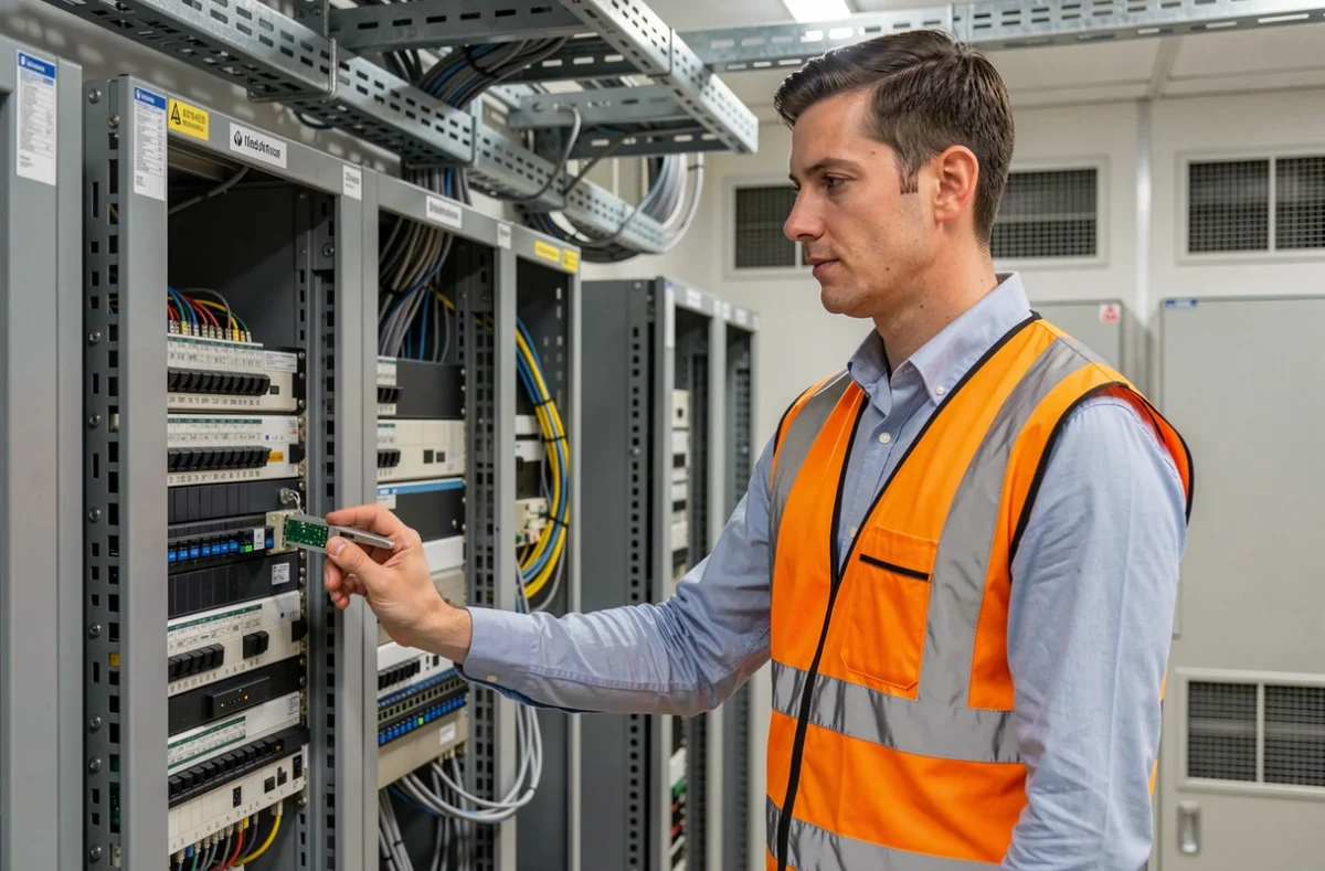 Ingénieur réseau Axians Lyon inspectant une baie de brassage fibre optique dans une salle technique