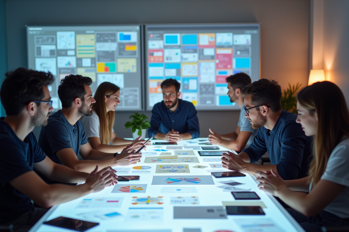 Equipe en brainstorming avec wireframes et logos UX