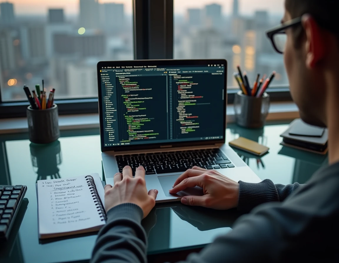 Vue aérienne d'un bureau de développeur avec terminal pip ouvert, documentation Django et Flask et notes manuscrites