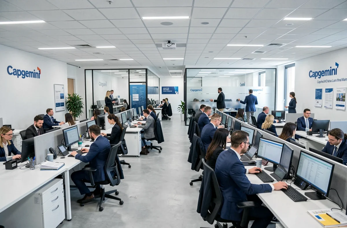 Grand open-space d'entreprise IT à grande échelle illustrant les services de conseil de Capgemini avec des équipes professionnelles au travail