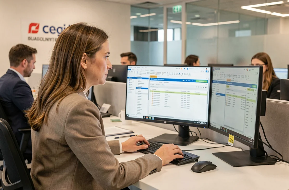 Professionnelle utilisant le logiciel ERP Cegid dans un bureau moderne à Lyon