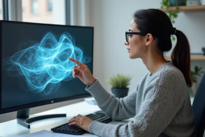 Chercheuse en intelligence artificielle analysant une visualisation 3D de Neural Radiance Fields sur un écran ultrawide dans un bureau moderne