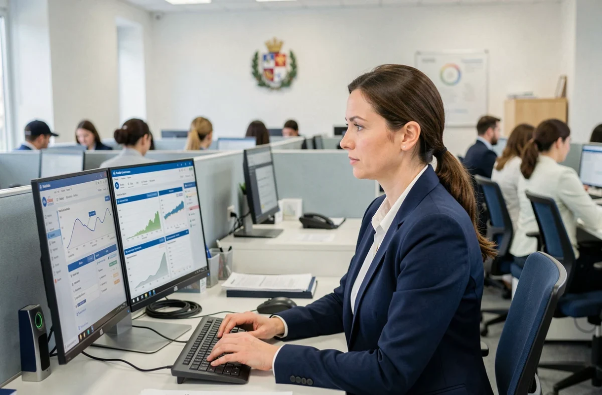 Professionnelle du secteur public utilisant un logiciel de gestion Ciril Group dans un bureau administratif