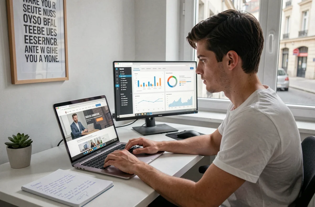 Développeur freelance travaillant sur un site vitrine et un tableau de bord de référencement pour des indépendants depuis son studio