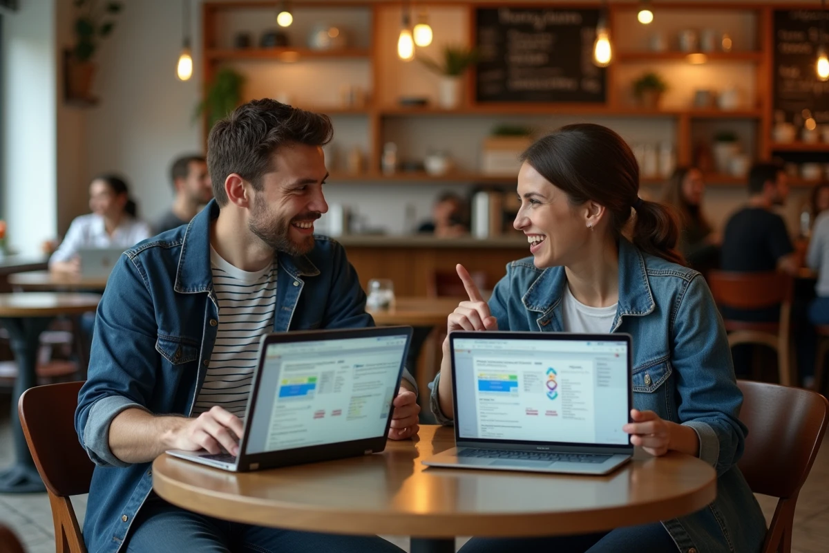 Deux personnes collaborant sur un document partagé en ligne via Framapas dans un café, chacune avec son ordinateur portable