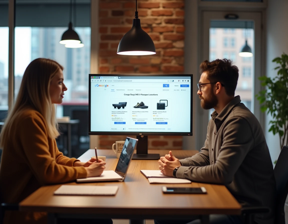 Deux collègues comparant des offres de shopping en ligne sur Google USA dans un espace de coworking américain