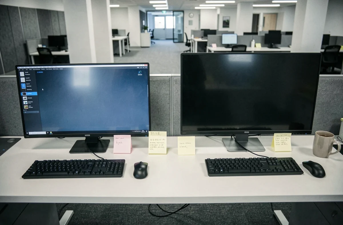 Comparaison côte à côte d'un setup double écran PC et d'un grand écran unique sur un bureau de bureau professionnel