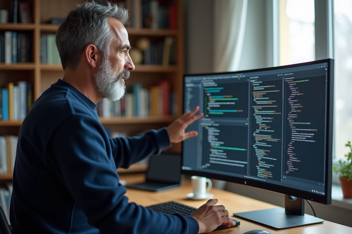 Homme comparant deux outils d'écriture collaborative open source dont Framapas et Etherpad sur un grand écran de bureau
