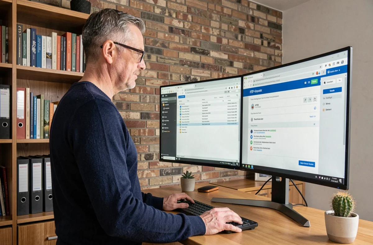 Homme comparant une interface FTP et Swisstransfer sur deux fenêtres côte à côte dans un bureau à domicile