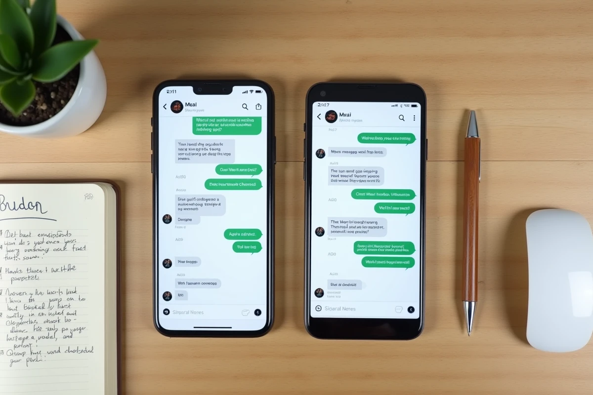 Vue aérienne de deux smartphones Android et iPhone affichant les options de surlignage de texte sur WhatsApp