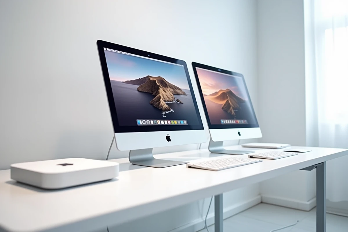 Deux Mac Apple côte à côte sur un bureau blanc comparant les modèles M5 et M6 en test