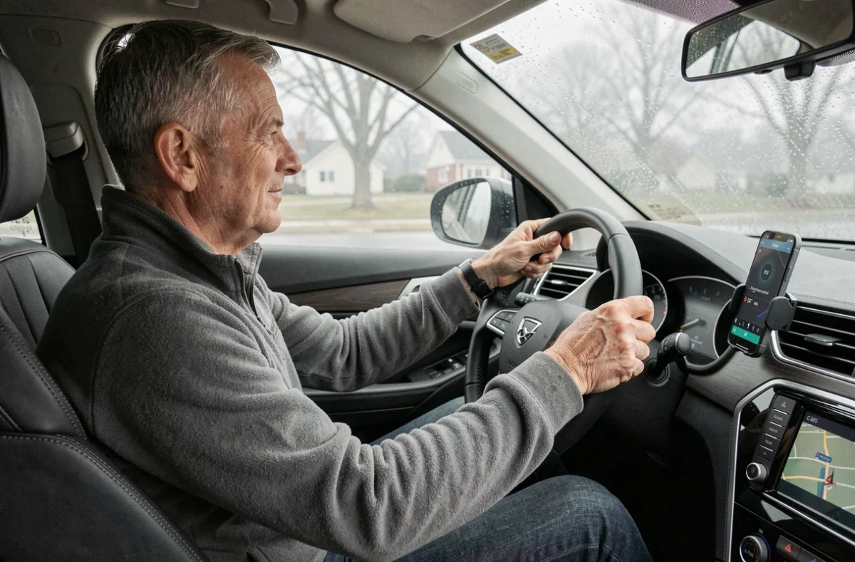 Conducteur consultant une application de géolocalisation de trajet dans un SUV sous la pluie
