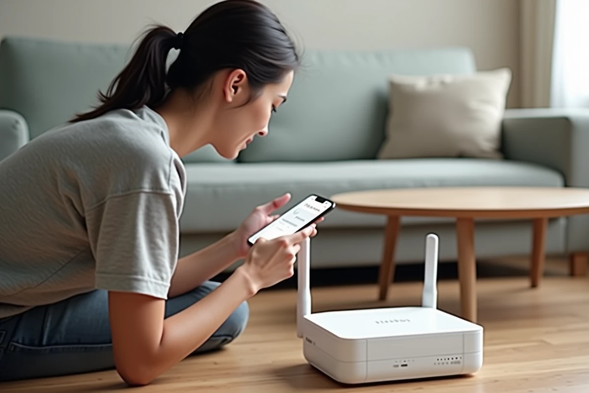 Femme configurant la Freebox depuis son smartphone dans son salon lors de la première connexion