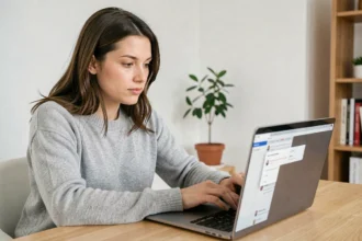 Femme configurant Google Traduction dans Chrome sur un ordinateur portable dans un bureau à domicile