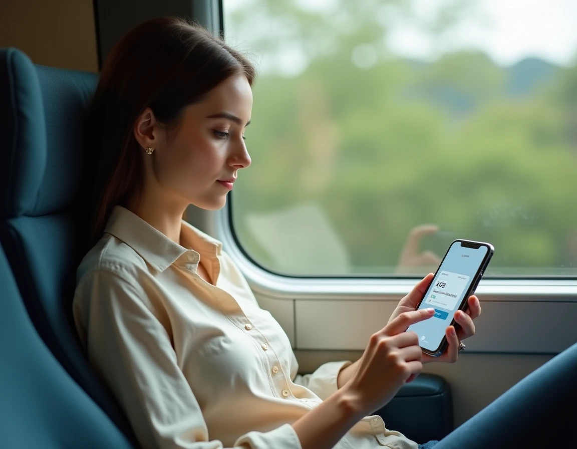 Femme consultant l'interface de sa Freebox depuis son smartphone dans un train