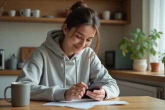 Jeune femme connectée sur son smartphone Android dans une cuisine moderne, illustrant la connexion à l'application Ilosca