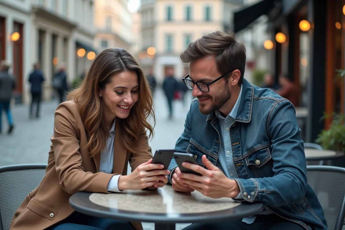 Deux collègues comparant la connexion à Ilosca sur Android et iOS en terrasse de café en milieu urbain