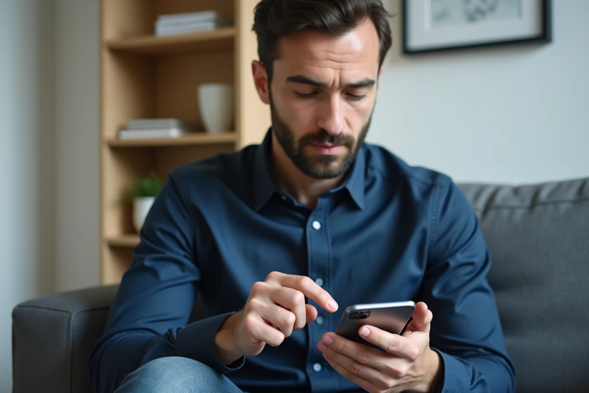 Homme utilisant un iPhone pour se connecter à l'application Ilosca, assis dans un salon contemporain