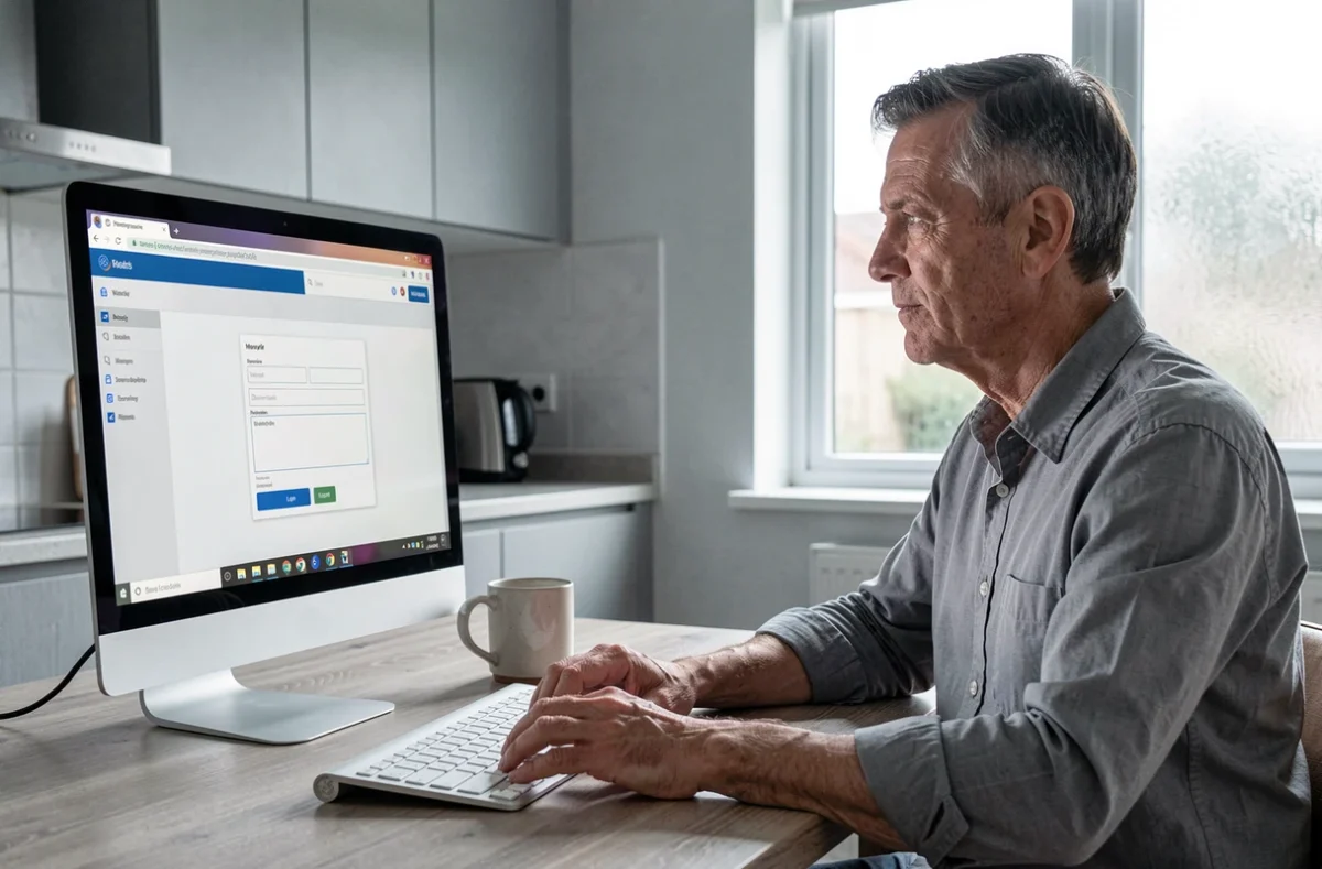 Homme accédant à l'interface de connexion de la messagerie ia87 sur un ordinateur de bureau