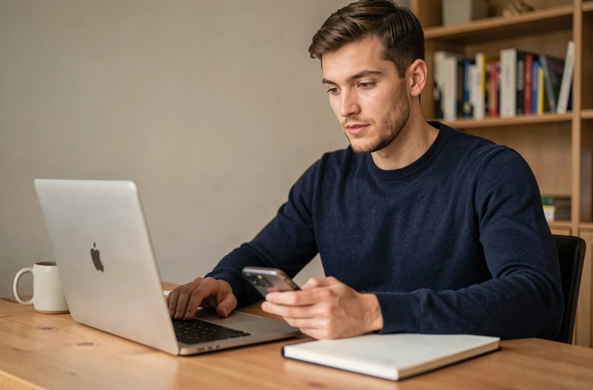 Homme utilisant un iPhone et un ordinateur portable pour voir des stories Snapchat de façon anonyme depuis un bureau