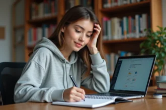 Jeune femme prenant des notes sur la conversion Go en Mo dans un bureau à domicile avec un cahier et un ordinateur portable