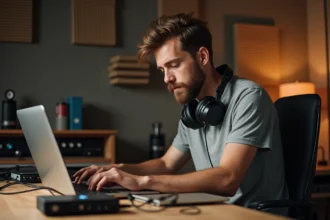 Homme jeune réglant une interface audio dans un studio d'enregistrement maison pour convertir des fichiers YouTube en WAV ou MP3