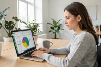 Femme au bureau créant un graphique camembert sur Excel à partir de données désordonnées