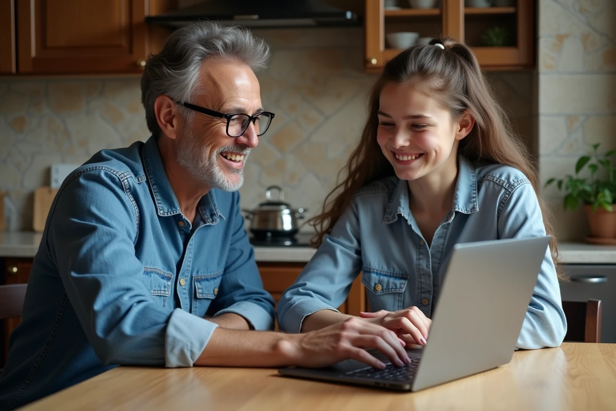 Homme montrant des combinaisons de touches accent sur un Chromebook à une adolescente