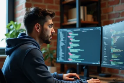 Développeur web masculin installant pip et des paquets Python comme Django et Flask sur un terminal en bureau à domicile
