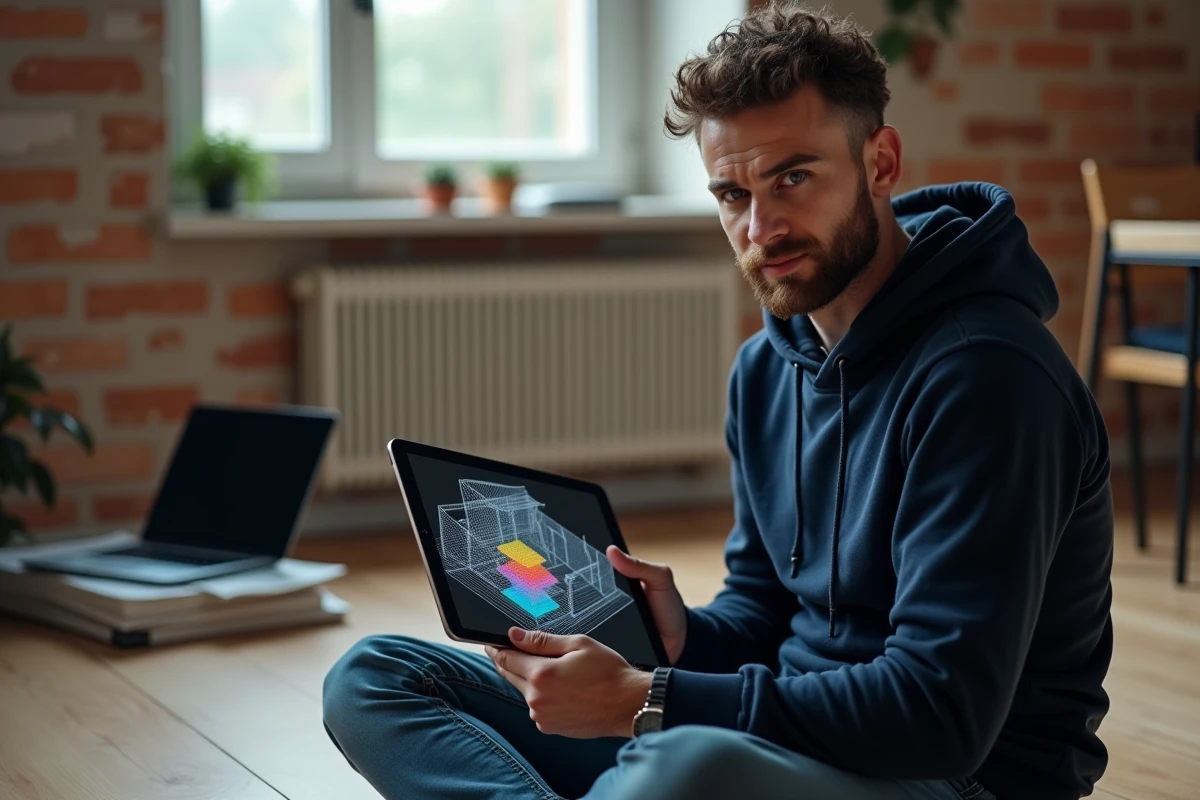 Développeur autodidacte apprenant les Neural Radiance Fields sur tablette dans un studio minimaliste avec mur en briques apparentes