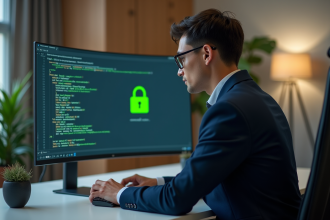 Jeune homme en blazer bleu examine du code sur un écran sécurisé