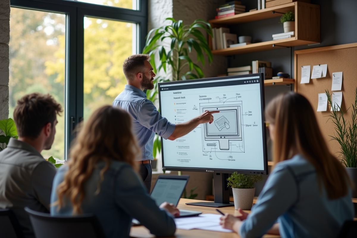 Développeur web présentant un wireframe à une équipe